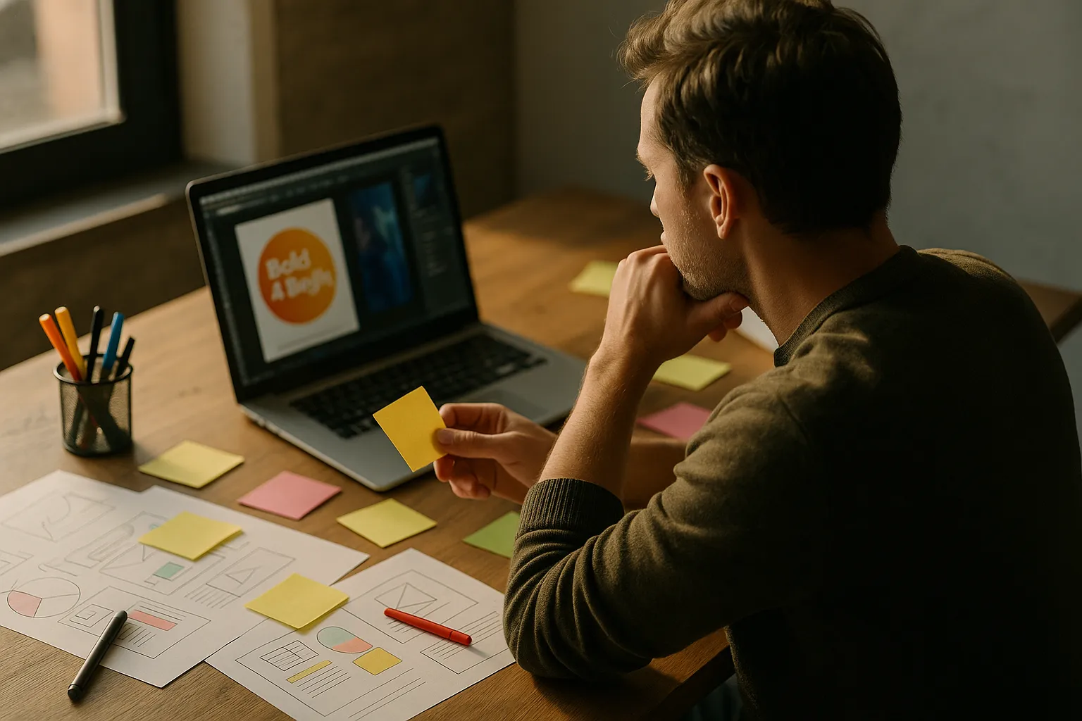 بررسی جزئیات خلاقانه در تبلیغات با الهام از اثر پروانهای؛ طراح در حال برنامهریزی ایدههای برند روی میز کاری