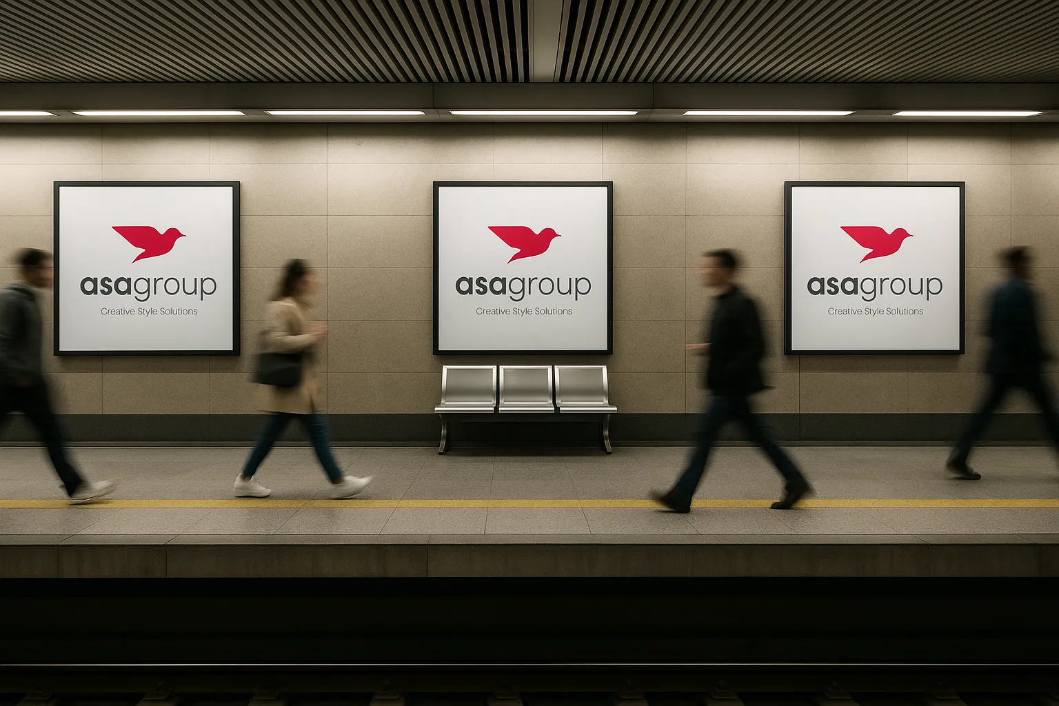مسافران در حال عبور از مقابل تبلیغات متوالی آسانگار در ایستگاه مترو؛ نمایی از اثر تکرار و فاصله زمانی در تبلیغات محیطی که باعث تثبیت برند در ذهن مخاطب میشود.