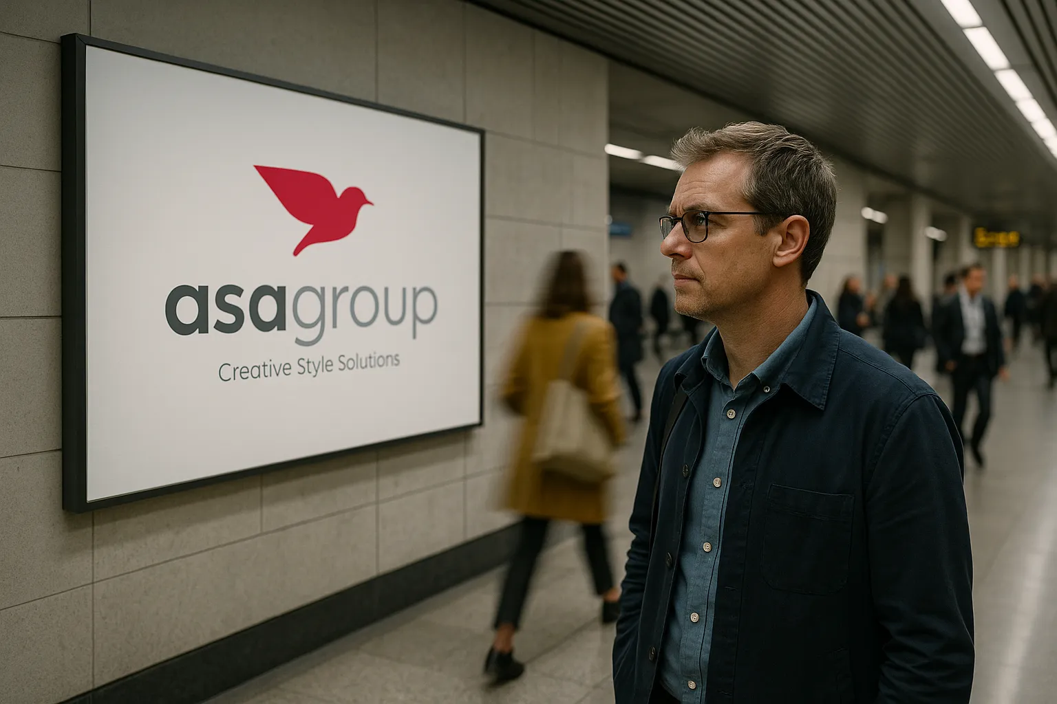 مردی در ایستگاه مترو در حال مشاهده تبلیغ برند آسانگار روی دیوار است؛ تبلیغی از جنس تکرار احساسی که با طراحی ساده و آرامشبخش حس اعتماد و آشنایی را در ذهن مخاطب ایجاد میکند.