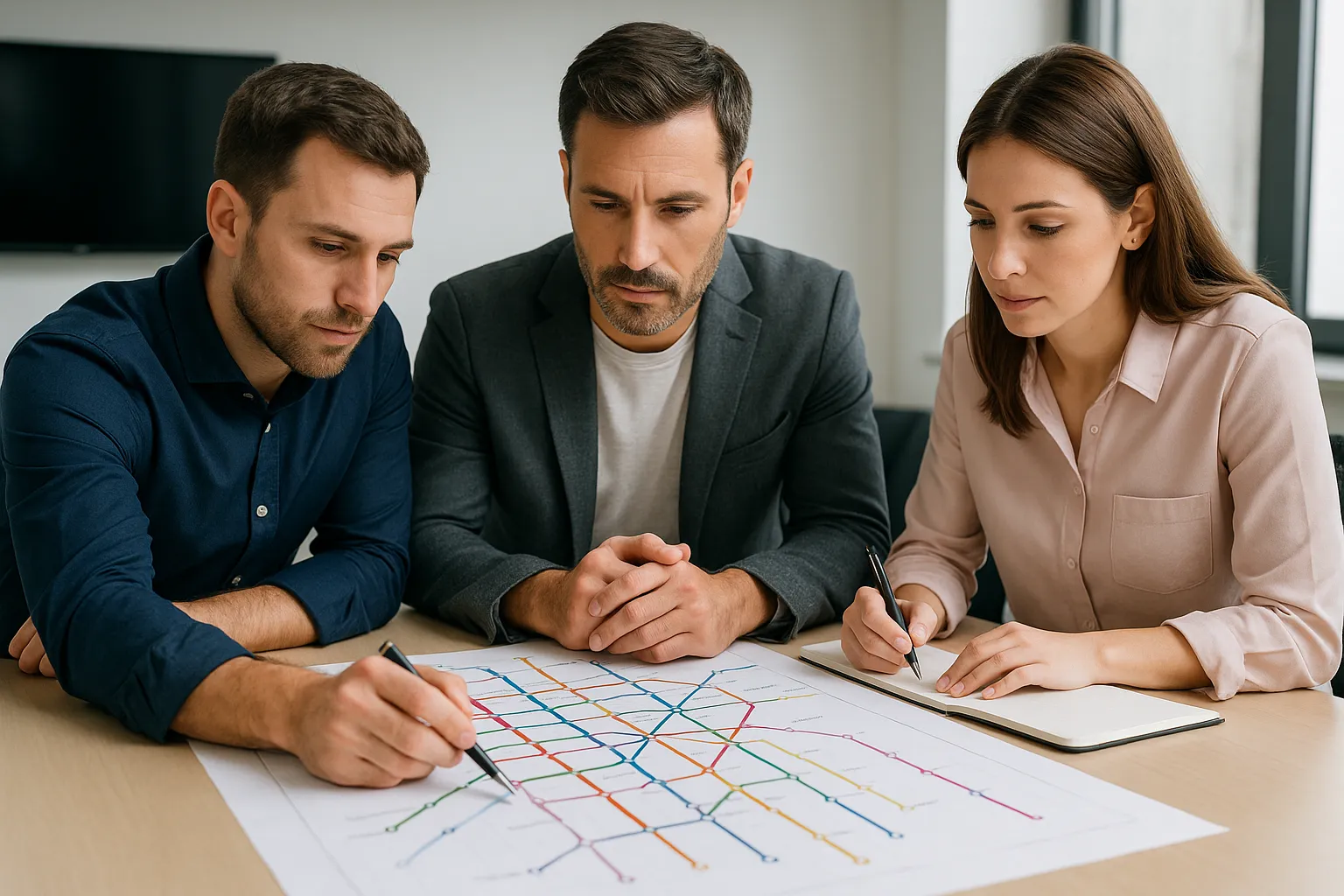 تیم برنامهریزی و خلاقیت آسانگار در حال بررسی نقشه مترو برای انتخاب مسیرهای مناسب تبلیغات محیطی؛ نمونهای از برنامهریزی دادهمحور برای اجرای کمپینهای مترو با تکرار احساسی مؤثر.