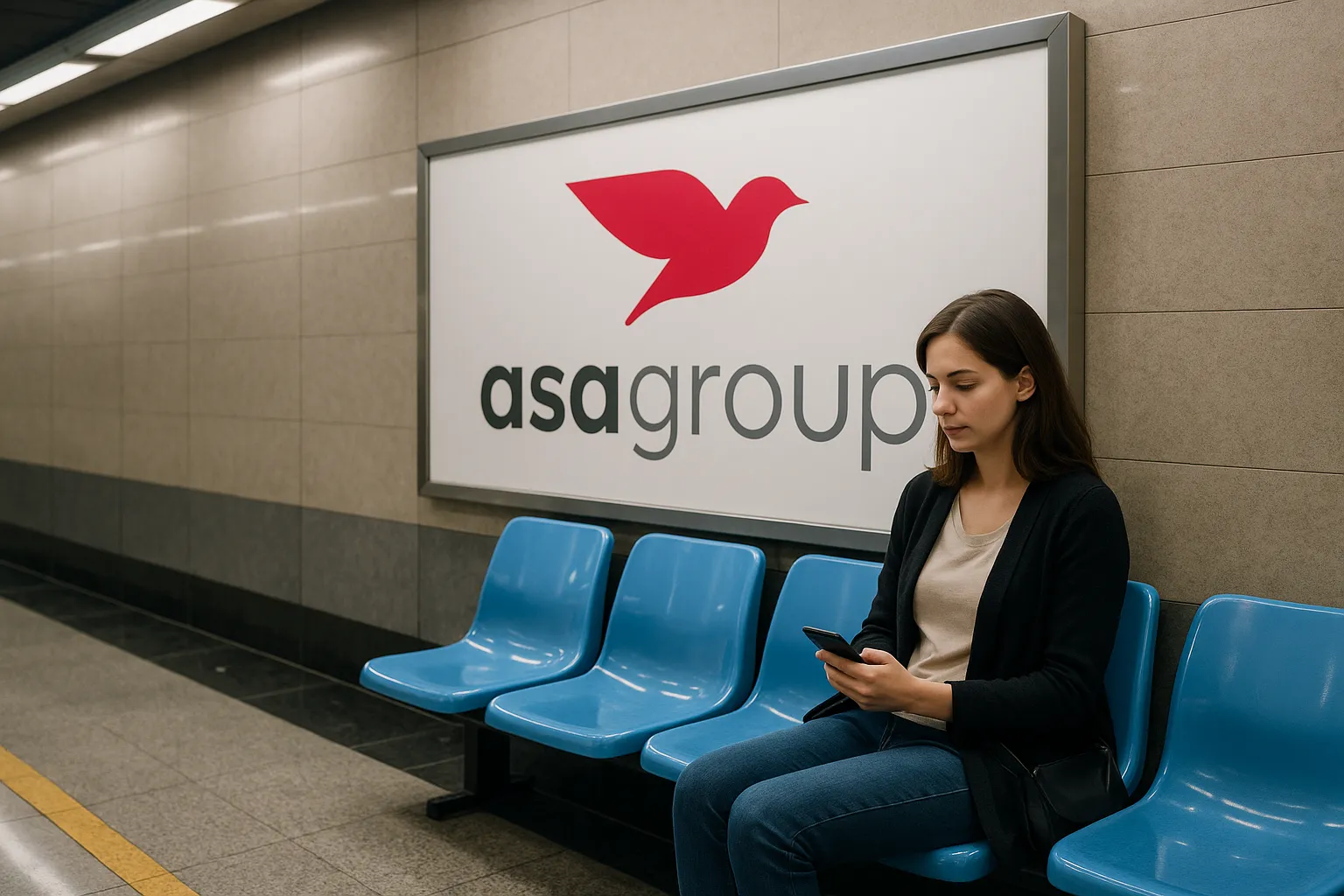 زنی در حال انتظار در ایستگاه مترو، در حالی که تبلیغ برند آسانگار روبهرویش قرار دارد؛ نمادی از پیوند احساسی و تکرار روزانه که باعث ماندگاری برند در ذهن مخاطب میشود.