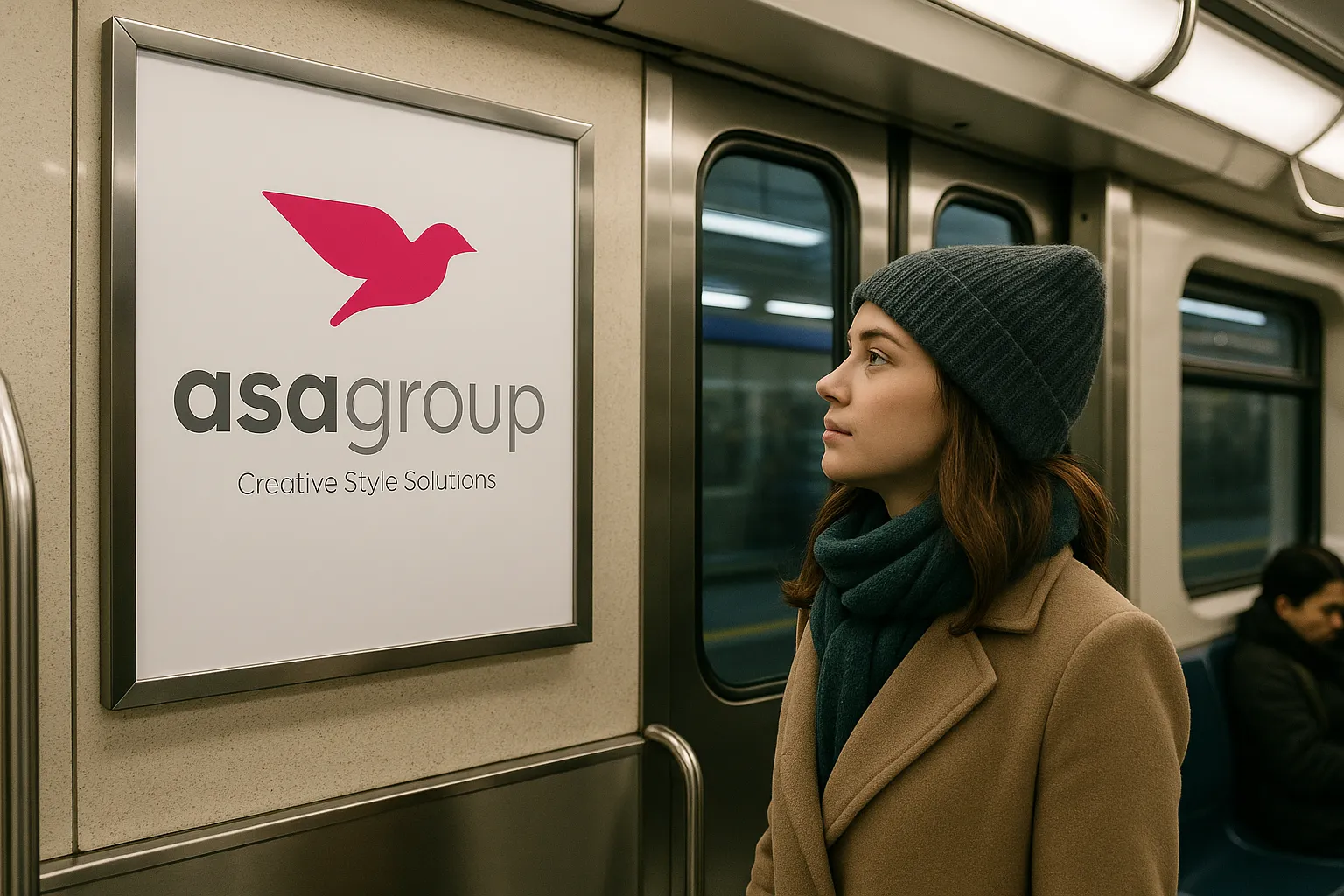 تبلیغات در مترو داخل واگن، نصبشده در فاصله دید مناسب مسافر برای ایجاد تکرار روزانه و ماندگاری پیام برند در ذهن.