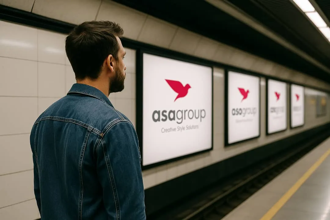 تبلیغات مترو آسا با تکرار پوسترهای برند در سکو، و فردی در حال مشاهده تبلیغات
