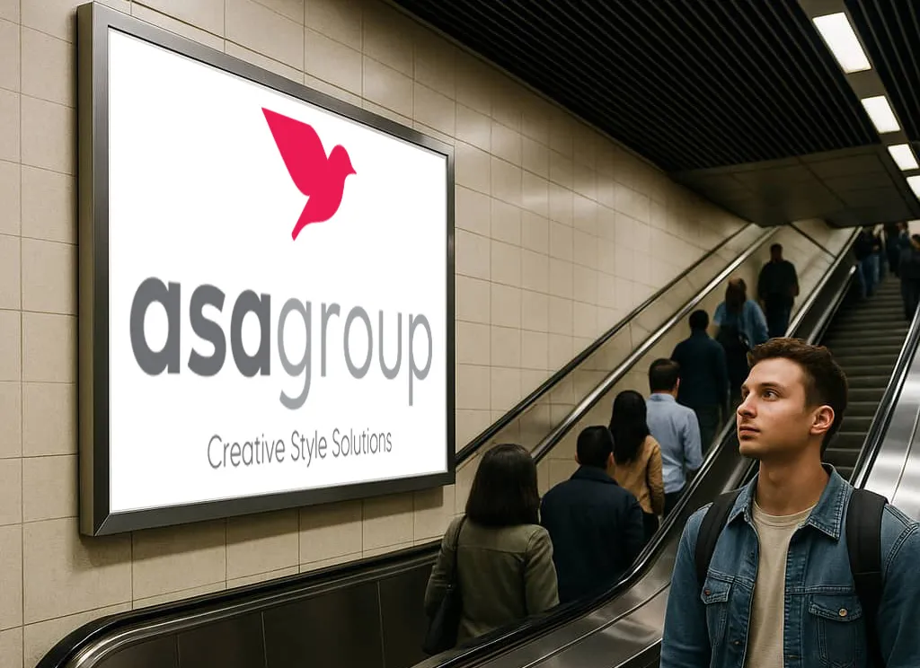 تبلیغات محیطی برند آسا در ایستگاه مترو، نصب بیلبورد تبلیغاتی کنار پلهبرقی با دیدهشدن بالا